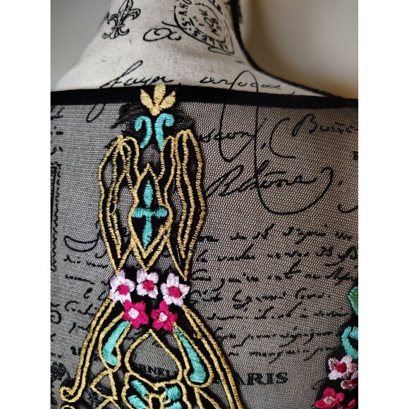 Wayward Fancies Medium Black Dress Flower Embroidery Tulle Overlay Boho Festival - Picture 5 of 8